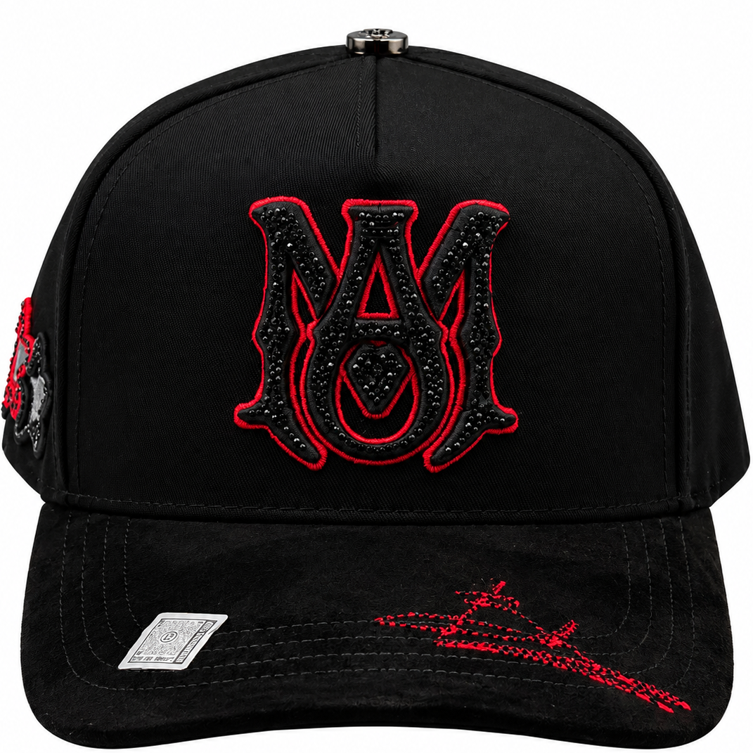 Black & Red Rhinestone Monogram Snapback Hat – Suede Brim