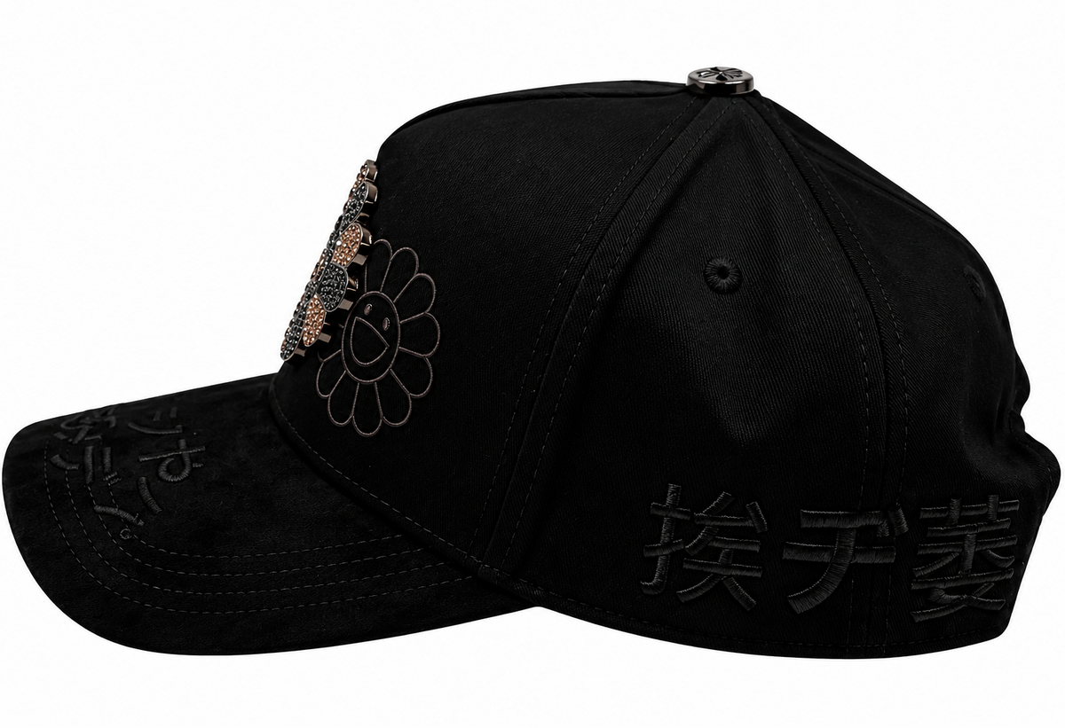 Black Rhinestone Flower Suede Brim Snapback Hat