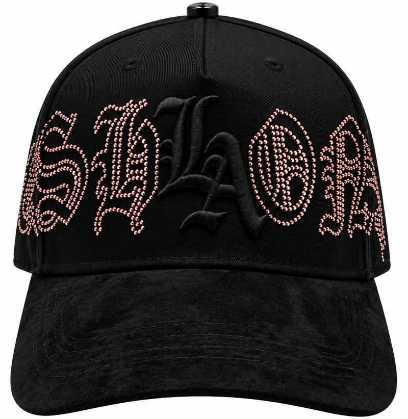 Black Cash Only Rhinestone Suede Brim Snapback Hat