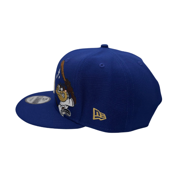 New Era Los Angeles Dodgers x Looney Tunes Tasmanian Devil navy snapback hat – side view with embroidered Taz patch and gold New Era flag
