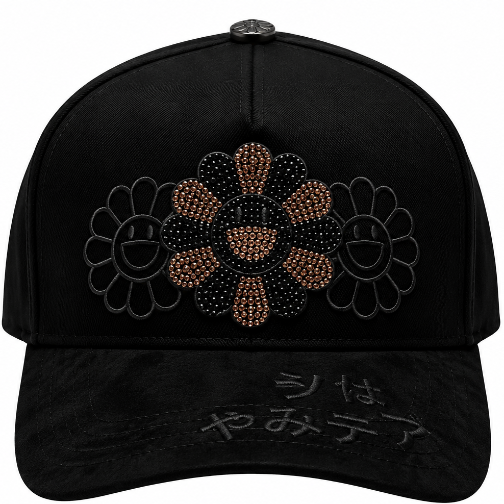 Black Rhinestone Flower Suede Brim Snapback Hat