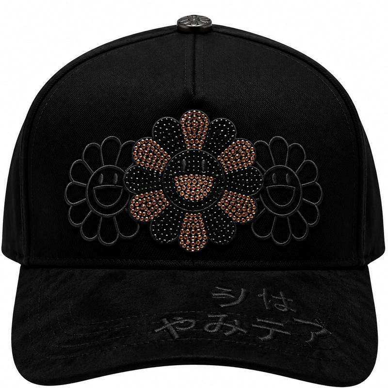 Black Rhinestone Flower Suede Brim Snapback Hat