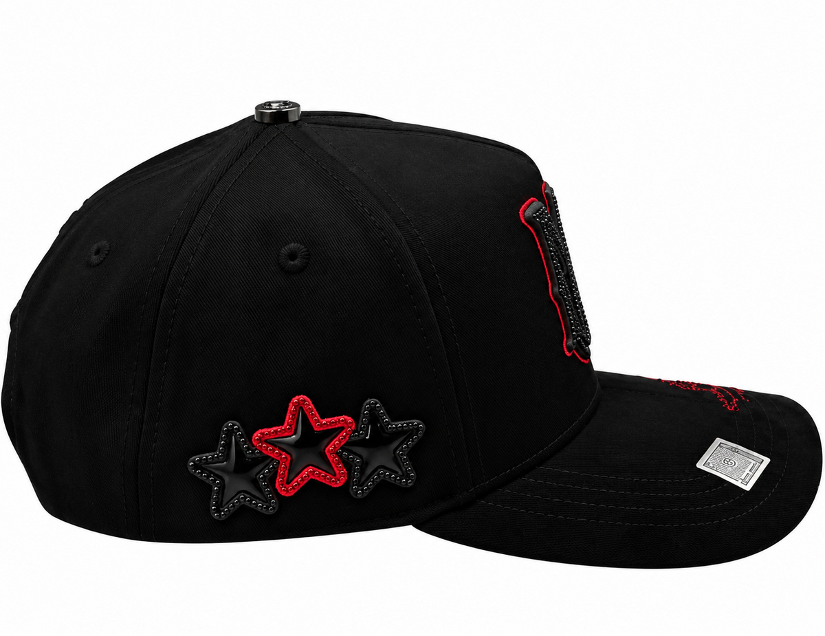 Black & Red Rhinestone Monogram Snapback Hat – Suede Brim