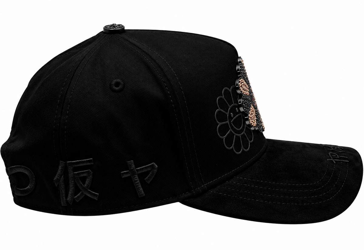 Black Rhinestone Flower Suede Brim Snapback Hat