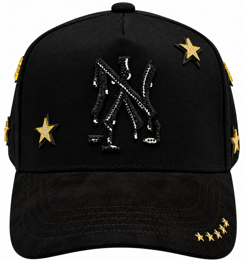 Black NY Rhinestone & Gold Star Snapback Hat
