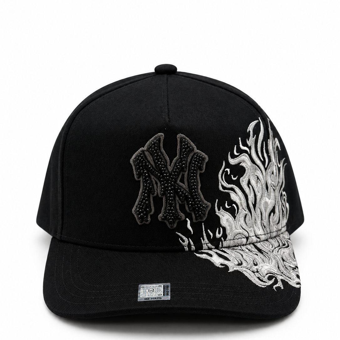 MZ Hats New York Yankees Black Flame Rhinestone Snapback Hat