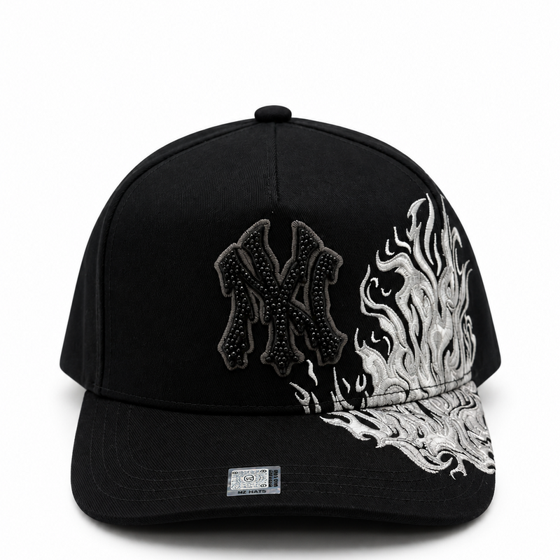 MZ Hats New York Yankees Black Flame Rhinestone Snapback Hat