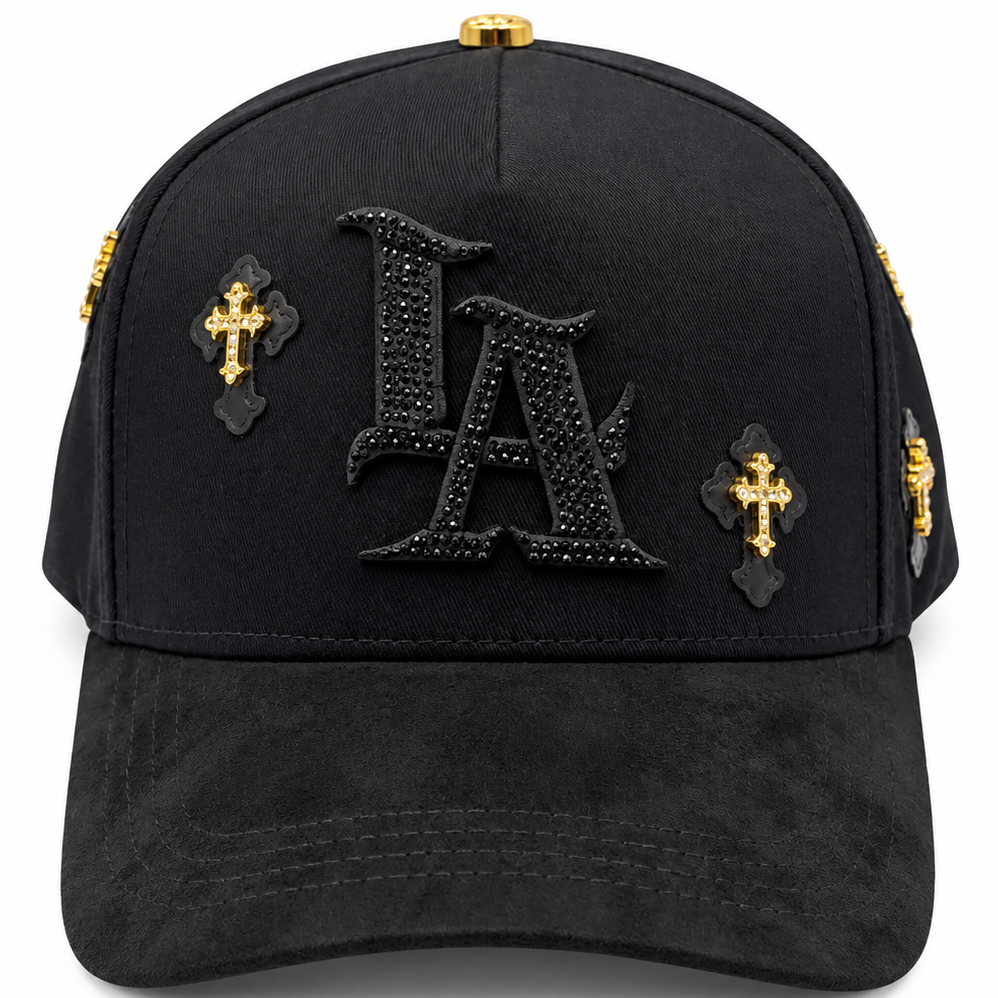 Black & Gold Los Angeles LA Cross Rhinestone Snapback Hat