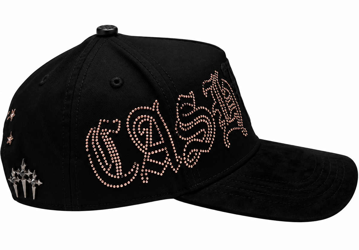 Black Cash Only Rhinestone Suede Brim Snapback Hat