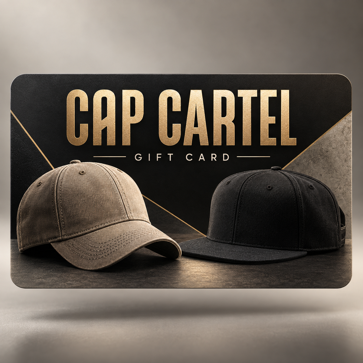 A Cap Cartel gift card beside a tan dad cap and a black snapback
