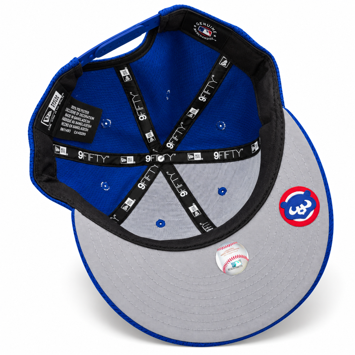 New Era Chicago Cubs royal blue 9FIFTY snapback hat – underside view with royal blue crown lining and grey undervisor