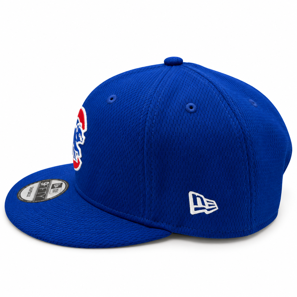New Era Chicago Cubs royal blue 9FIFTY snapback hat – side view with flat brim and white New Era flag