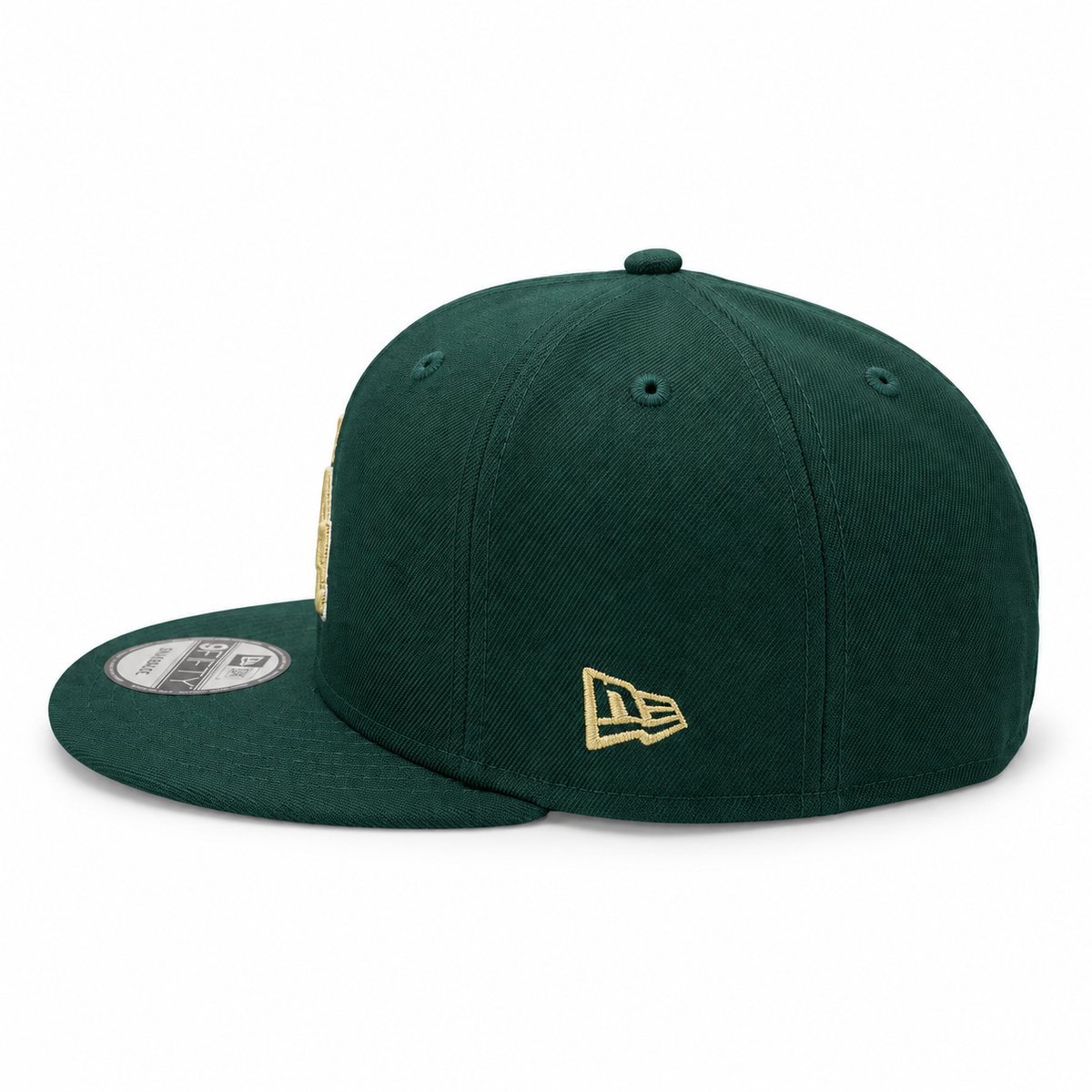 Baltimore Orioles 50th Anniversary forest green and gold snapback hat – side view with gold side patch and gold New Era flag