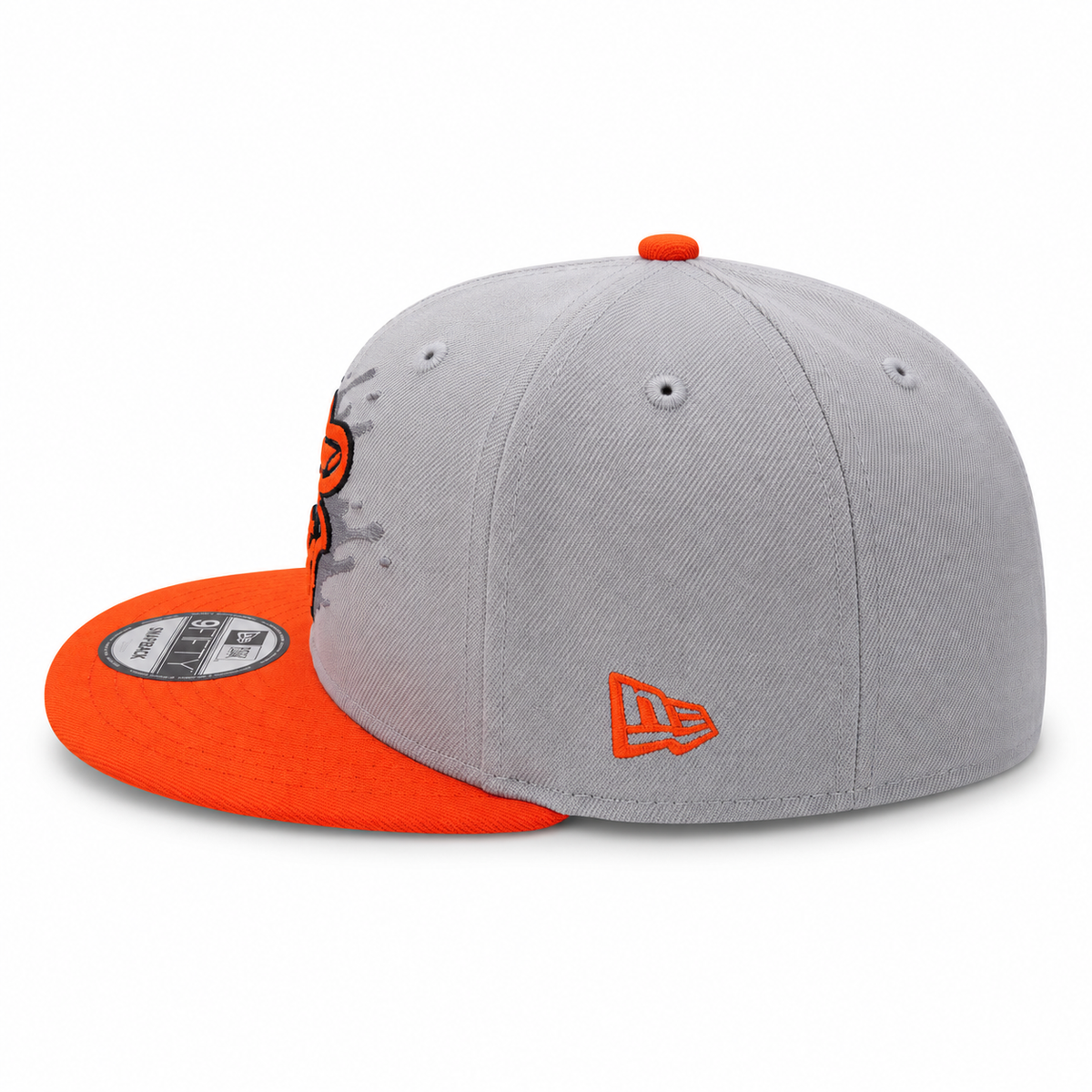 Baltimore Orioles grey and orange New Era 9FIFTY 30th Anniversary snapback hat – side view with orange flat brim and orange New Era flag