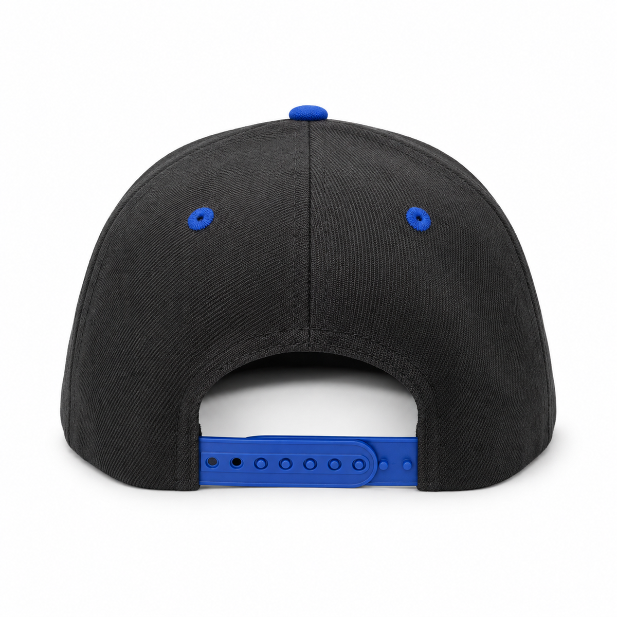 Black and blue 9FIFTY snapback hat – back view with royal blue snap closure and blue eyelets