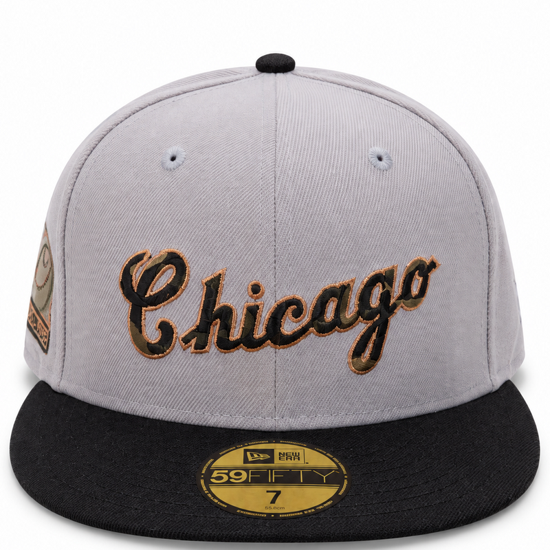 New Era 59FIFTY Chicago script fitted hat in grey and black – front view with gold Chicago script and black flat brim