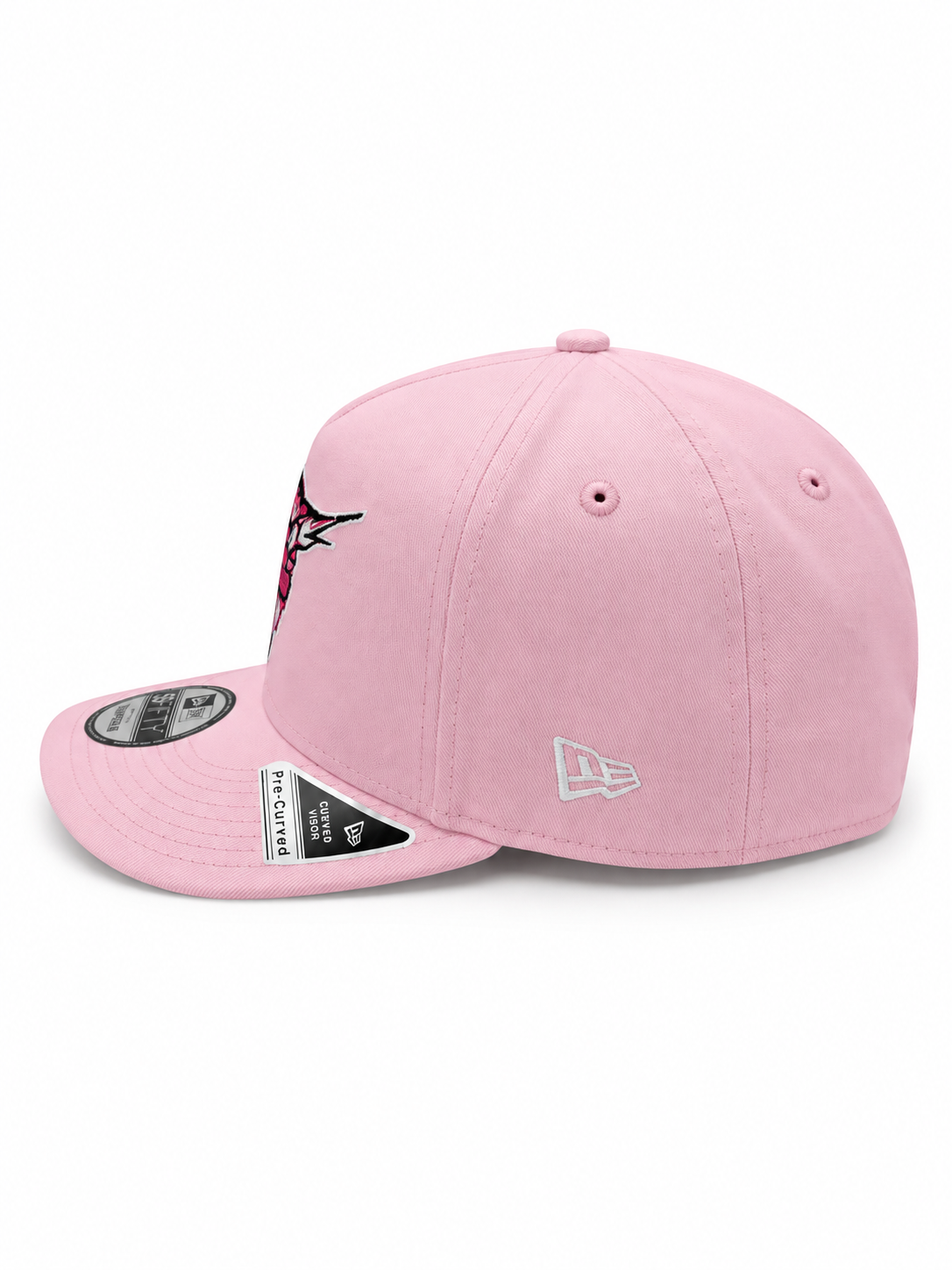 Pink Florida Marlins New Era 9FIFTY snapback hat – opposite side view with white New Era flag