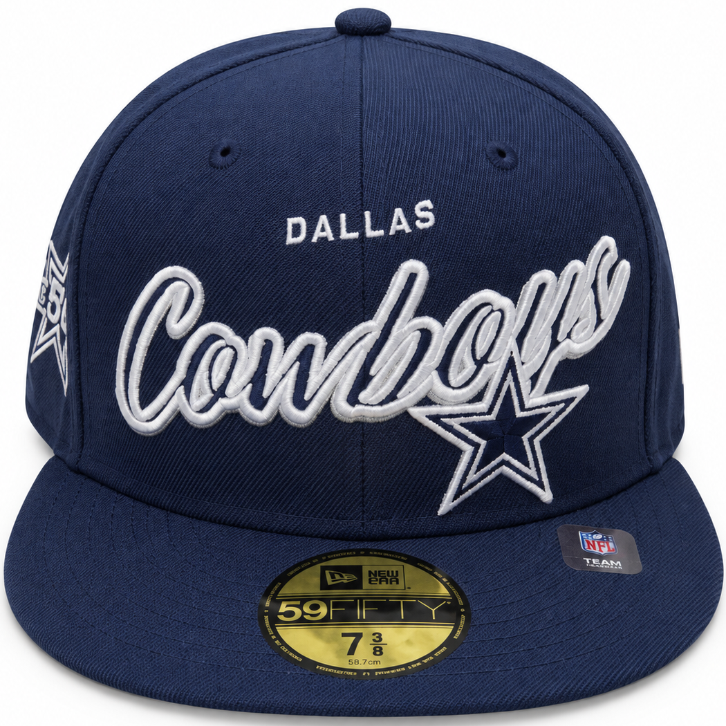 Dallas Cowboys 50th Anniversary navy New Era 59FIFTY fitted hat – front view with white Dallas Cowboys script and star