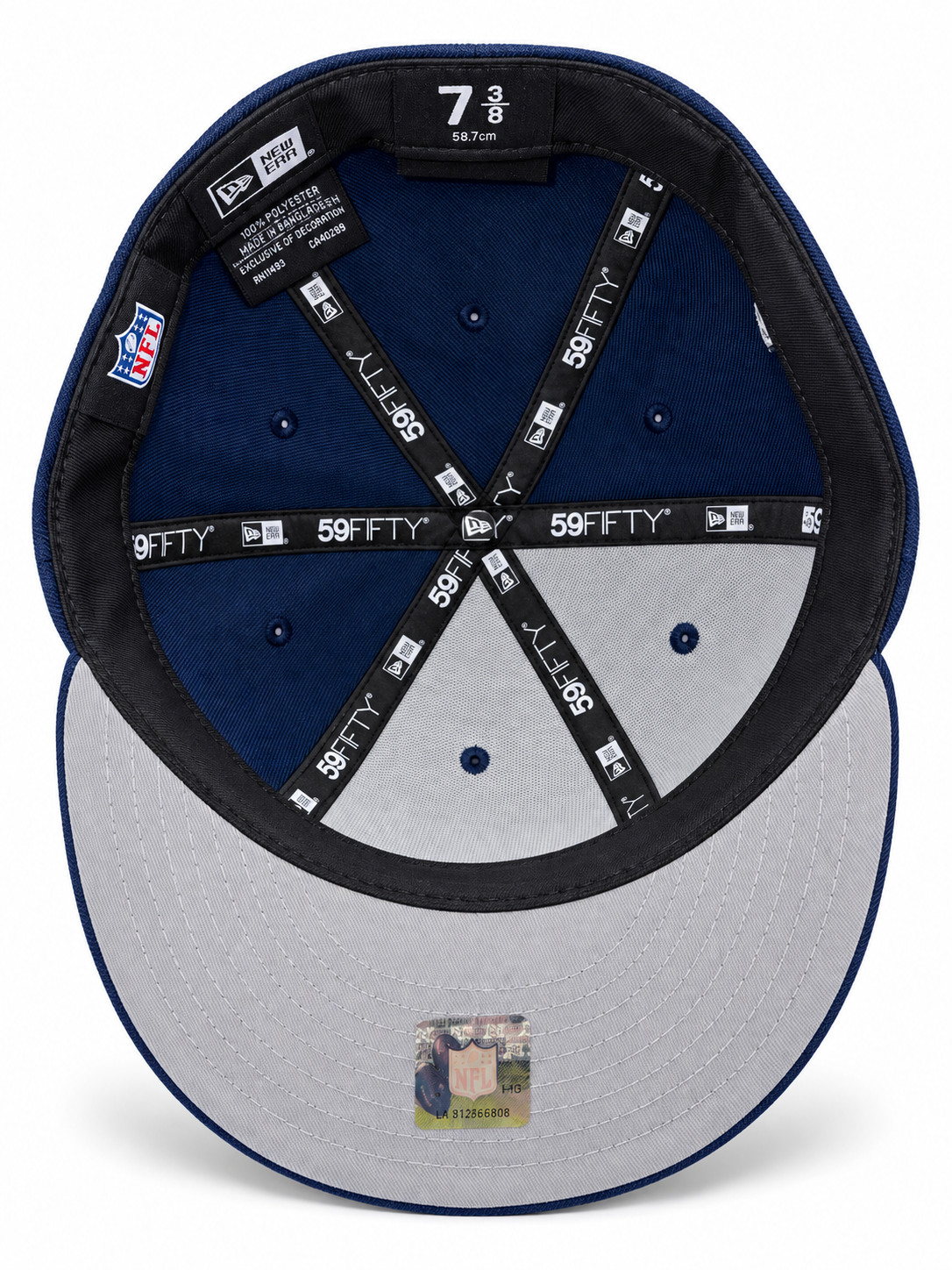 Dallas Cowboys 50th Anniversary navy New Era 59FIFTY fitted hat – underside view with navy crown lining and grey undervisor