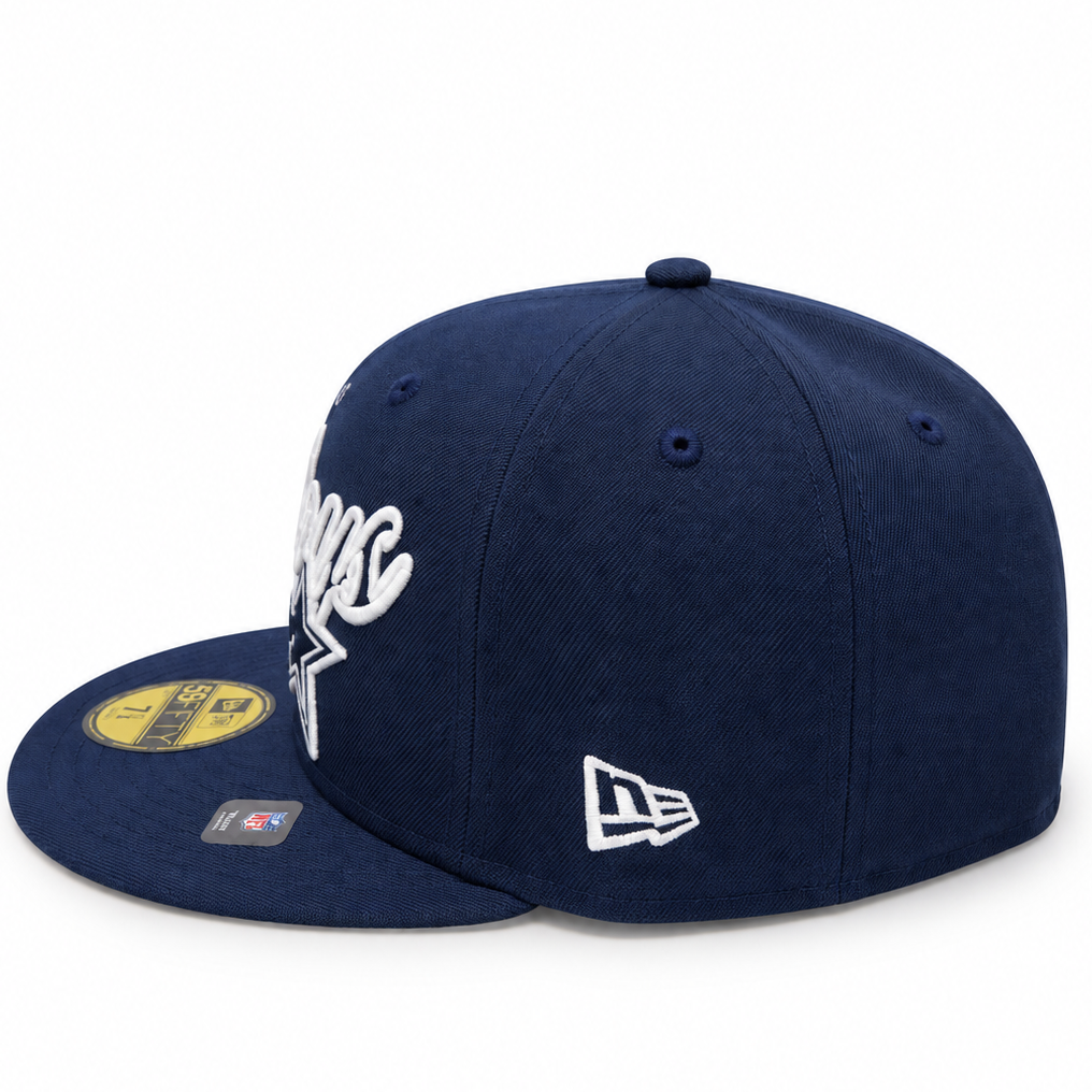 Dallas Cowboys 50th Anniversary navy New Era 59FIFTY fitted hat – side view with white script embroidery and white New Era flag