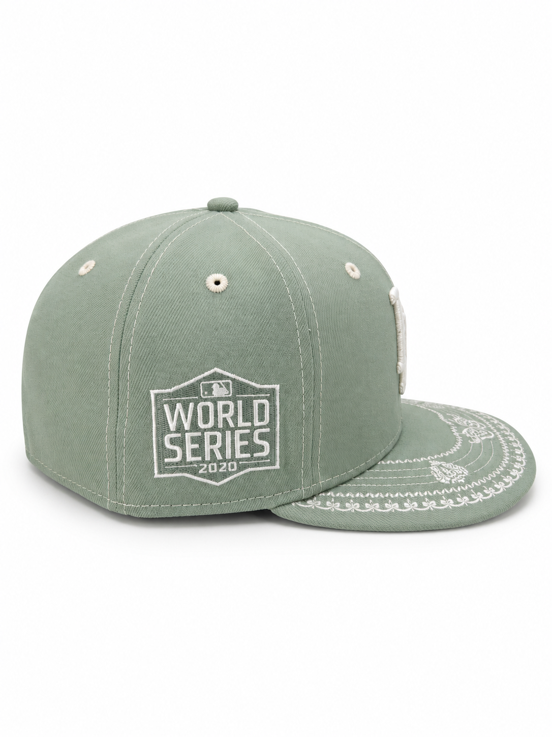 Los Angeles Dodgers sage green and cream 59FIFTY fitted hat – side view with World Series 2020 side patch and patterned underbrim