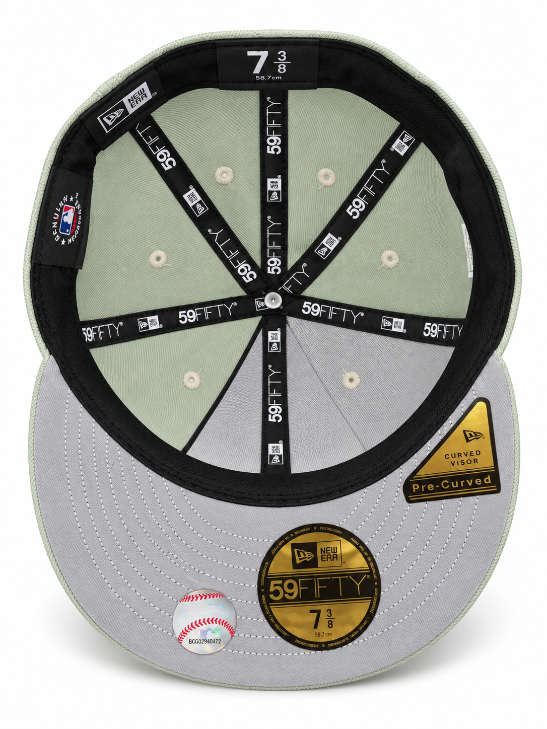 Los Angeles Dodgers sage green and cream 59FIFTY fitted hat – underside view with sage crown lining and grey undervisor