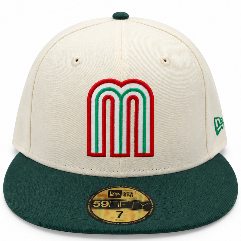 Mexico cream and forest green New Era 59FIFTY fitted hat – front view with red and green M logo and green flat brim