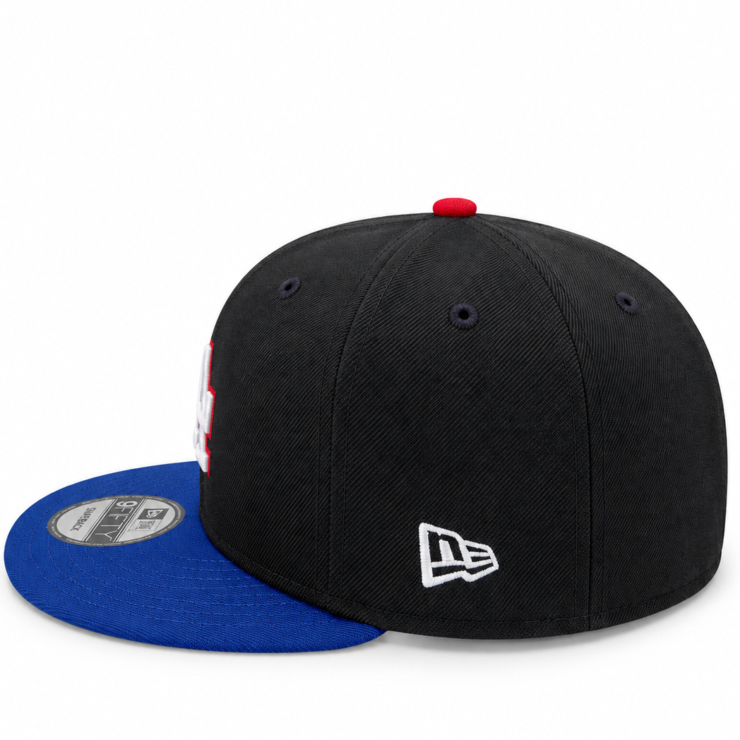 New Era Los Angeles Dodgers 2024 World Series black 9FIFTY snapback hat – side view with red side patch and royal blue undervisor