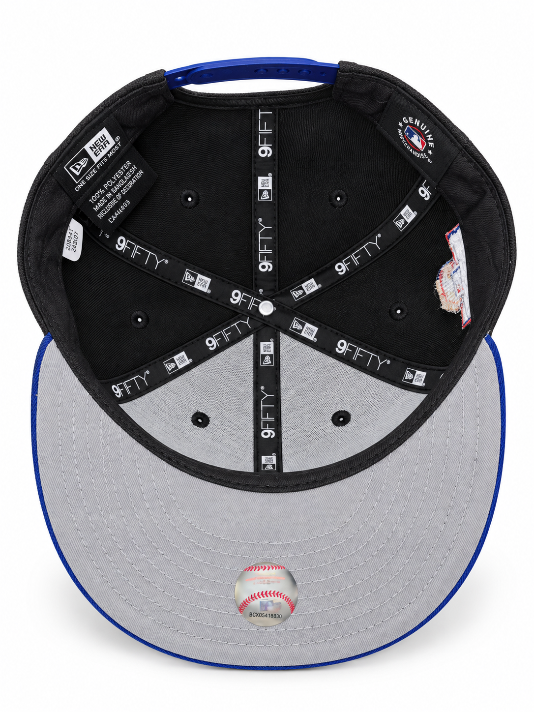 New Era Los Angeles Dodgers 2024 World Series black 9FIFTY snapback hat – underside view with royal blue trim and grey undervisor