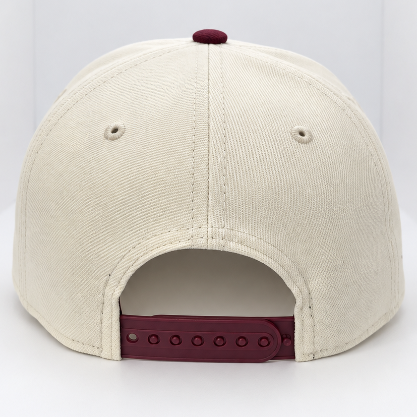 New Era Kansas City Chiefs Pink Hearts 9FORTY A-Frame hat – back view with maroon snap closure and maroon button