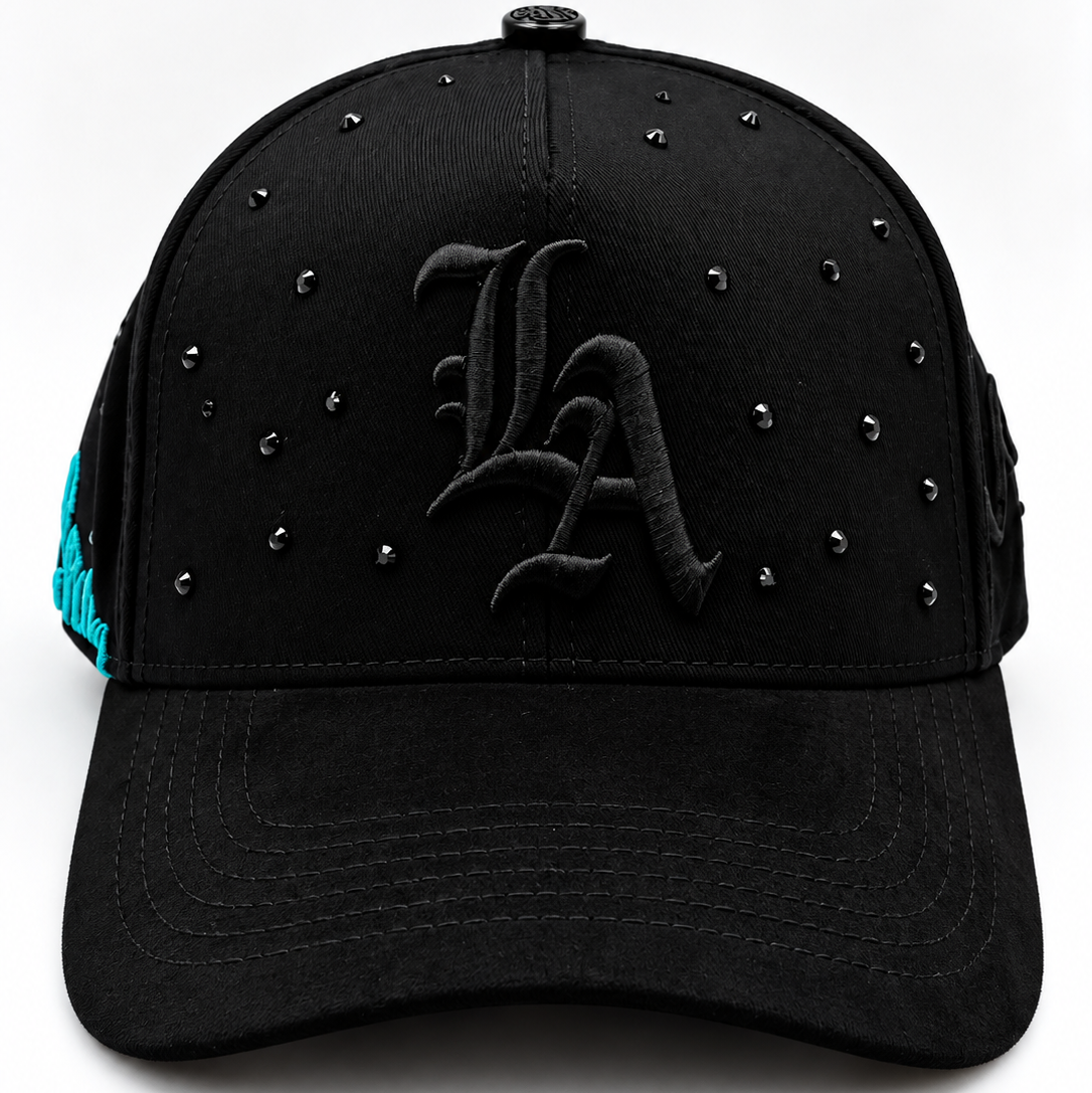 Cash Only Los Angeles LA Black & Turquoise Rhinestone Adjustable Hat
