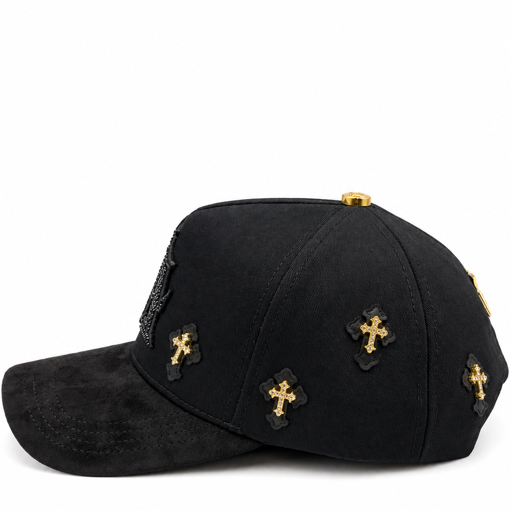 Black & Gold Los Angeles LA Cross Rhinestone Snapback Hat