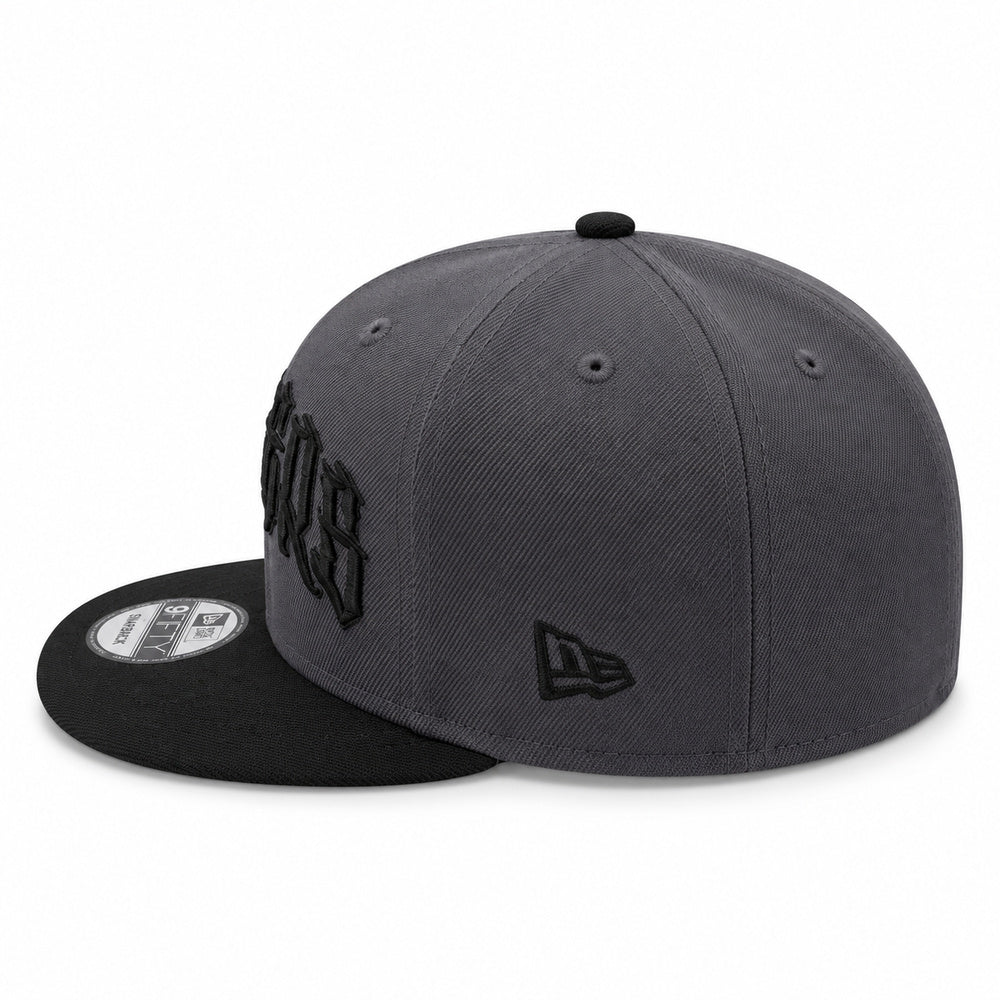 Los Angeles Dodgers black and grey New Era 9FIFTY Gothic snapback hat – side view with tonal gothic lettering and black flat brim