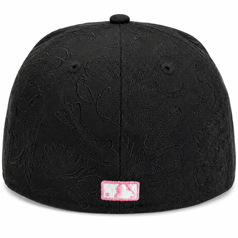 Los Angeles Dodgers black floral fitted hat – back view with tonal floral embroidery and pink MLB logo