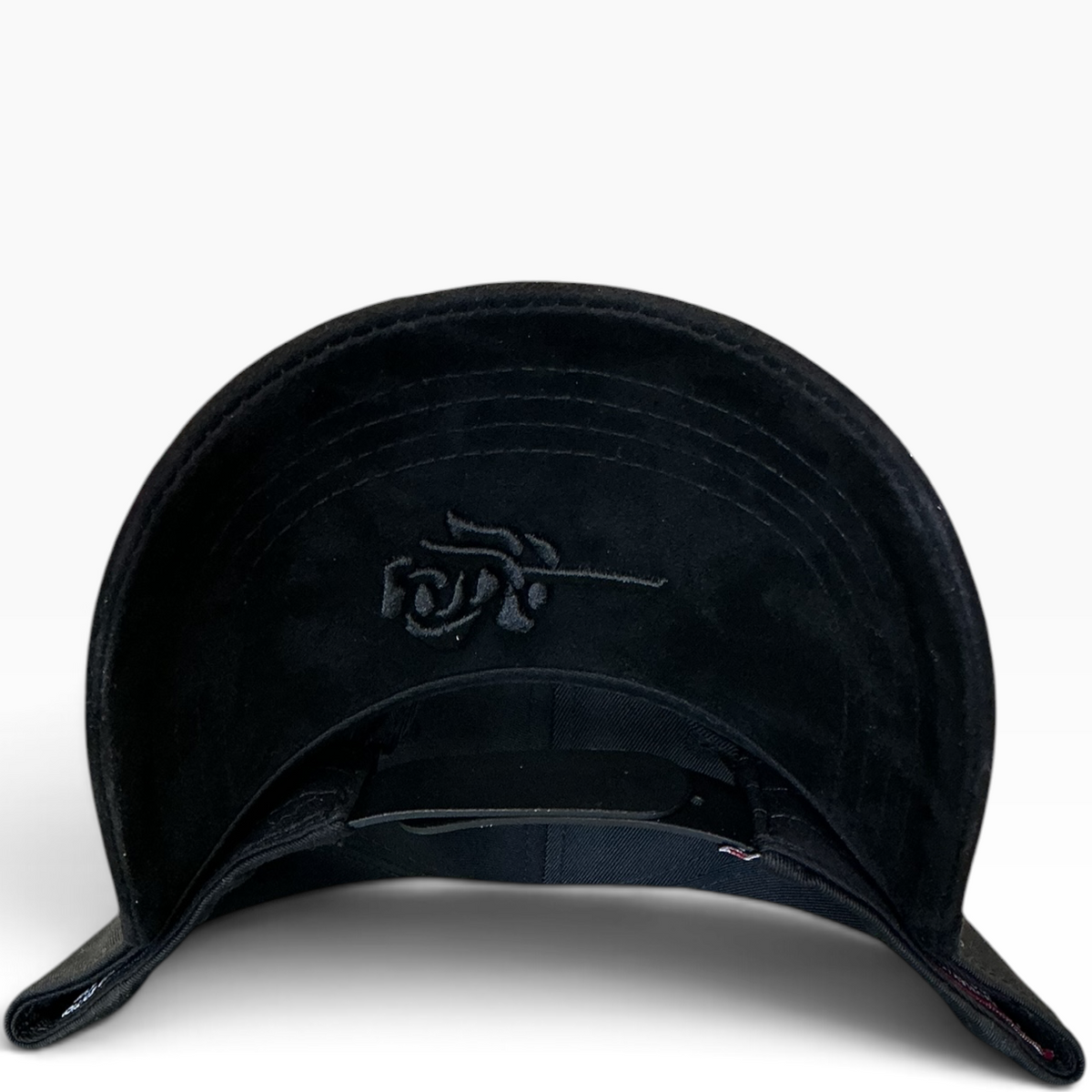 Black tongue and roses rhinestone suede brim adjustable hat - front view