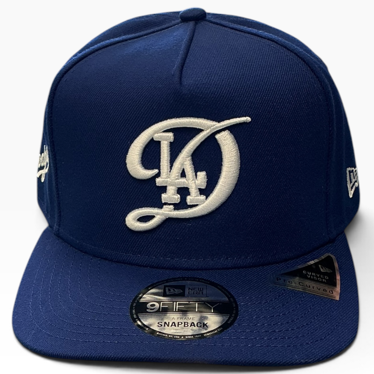 Los Angeles Dodgers script LA navy New Era 9FIFTY A-Frame snapback hat - front view