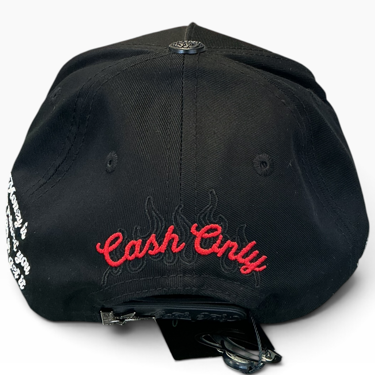 Cash Only Money snapback with red rhinestone detailing - side view