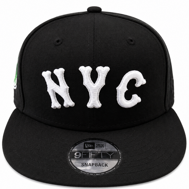 New Era NYC black 9FIFTY snapback hat with white NYC embroidery - front view
