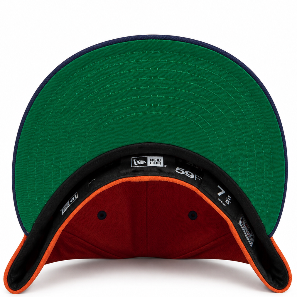 Atlanta Braves orange and purple New Era 59FIFTY fitted hat - undervisor detail