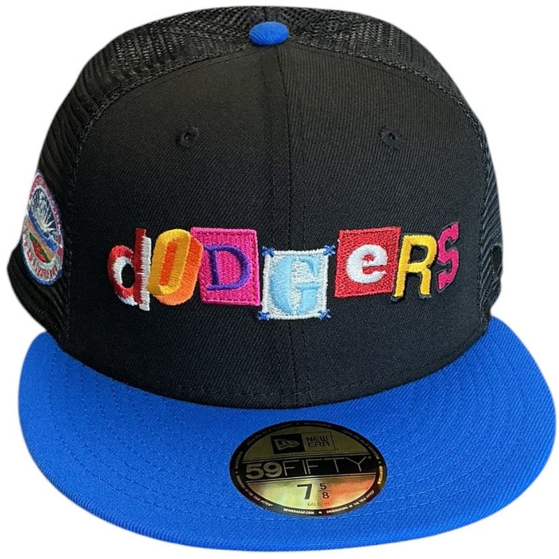 Los Angeles Dodgers black and royal blue mesh New Era 59FIFTY fitted hat - front view