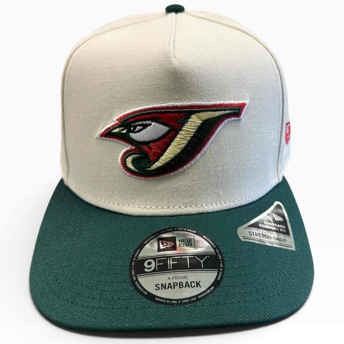 Toronto Blue Jays Cream & Dark Green New Era 9FIFTY A-Frame snapback hat - front view