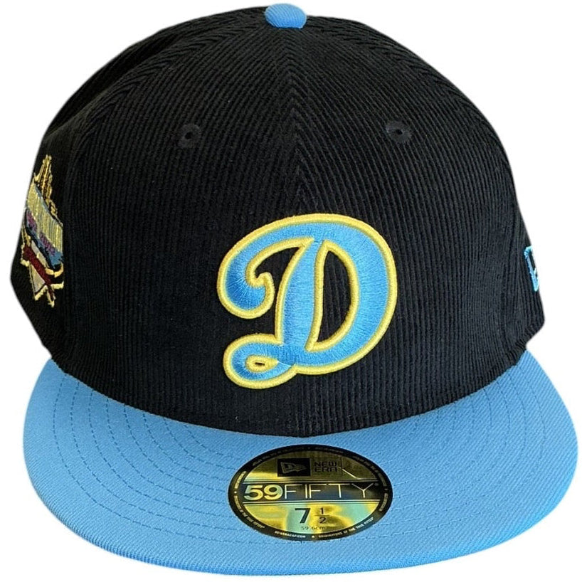 Los Angeles Dodgers black and sky blue corduroy New Era 59FIFTY fitted hat - side view