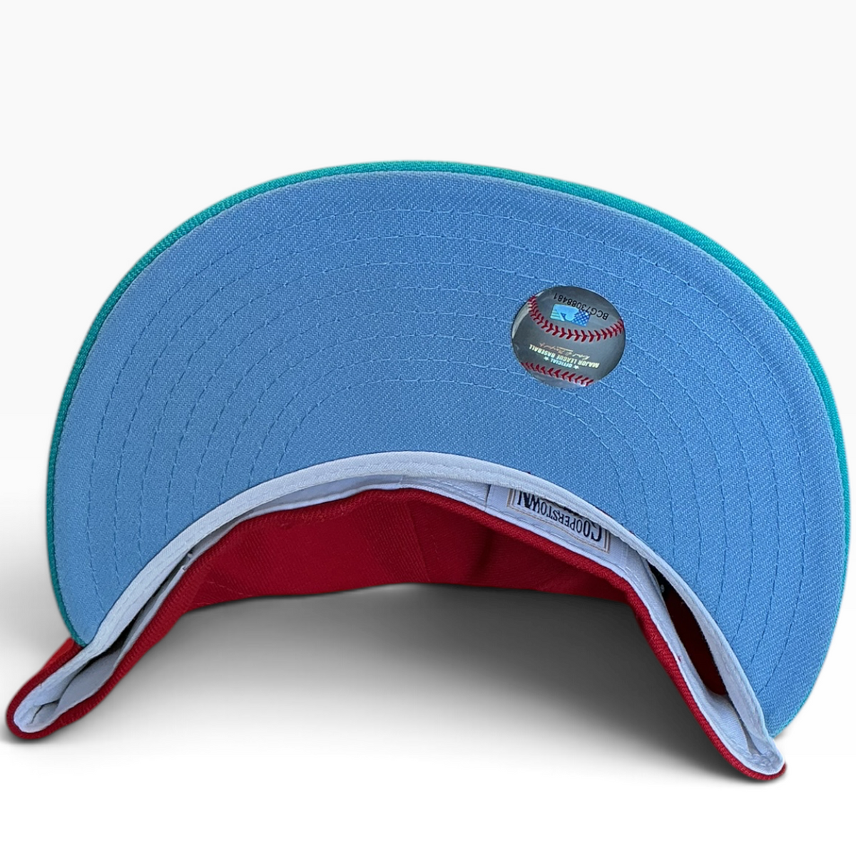 Philadelphia Phillies red and teal Star P Logo New Era 59FIFTY fitted hat - undervisor detail