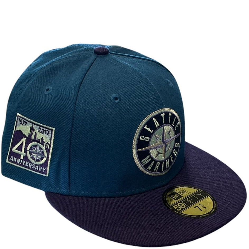 Seattle Mariners teal and purple New Era 59FIFTY fitted hat - undervisor detail