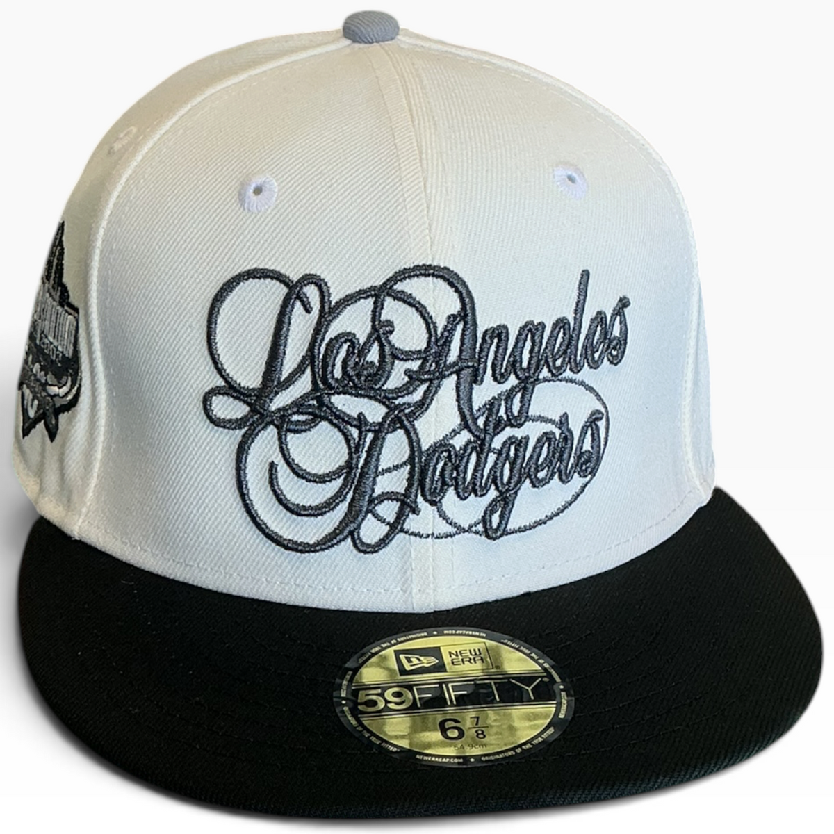 Los Angeles Dodgers White/Black New Era 59FIFTY fitted hat - side view