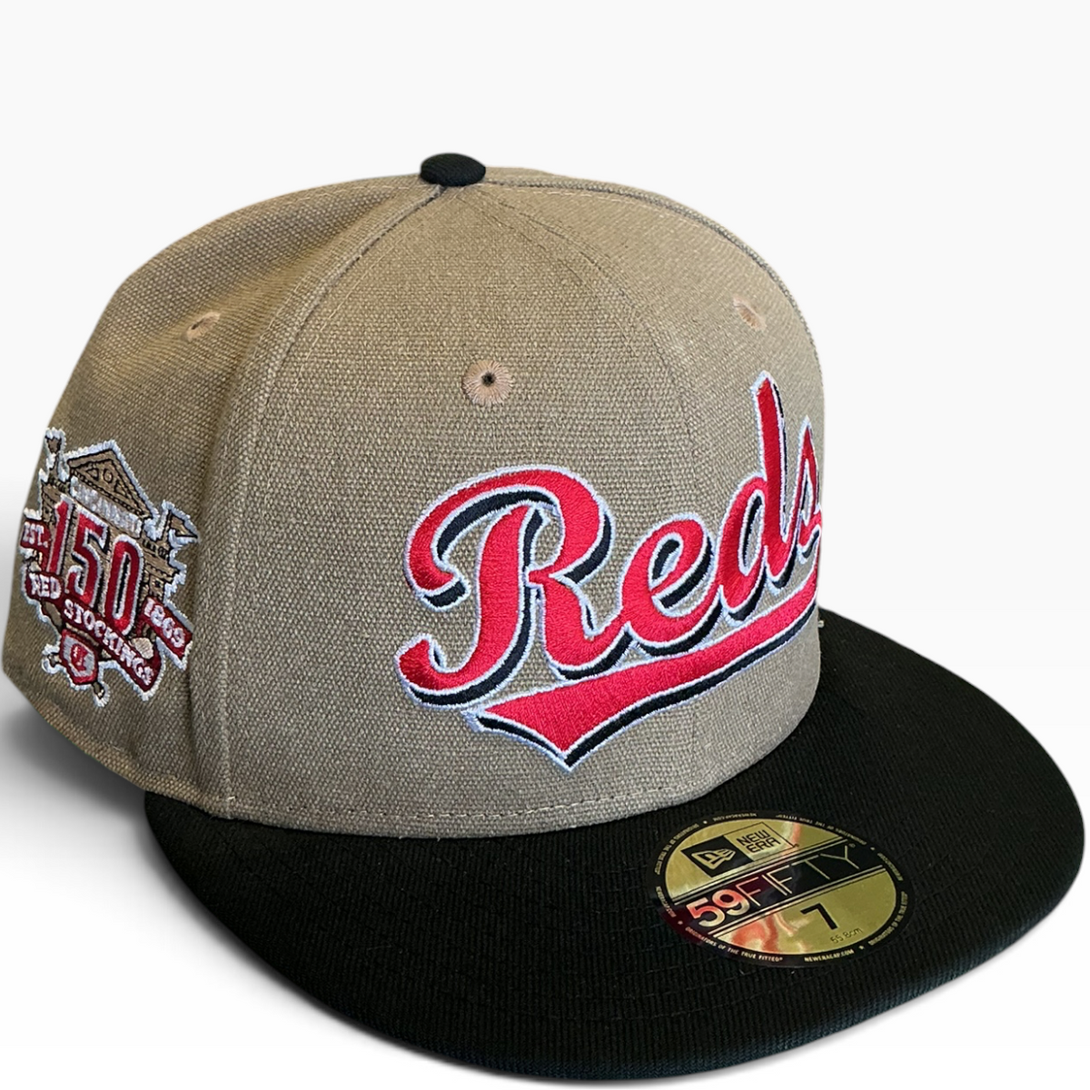 Cincinnati Reds Tan/Black New Era 59FIFTY fitted hat - side view