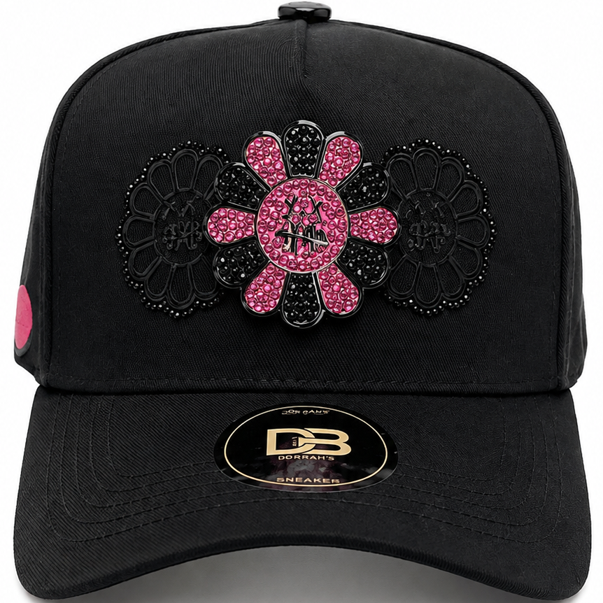 Black & Pink Rhinestone Floral Snapback Hat – front view