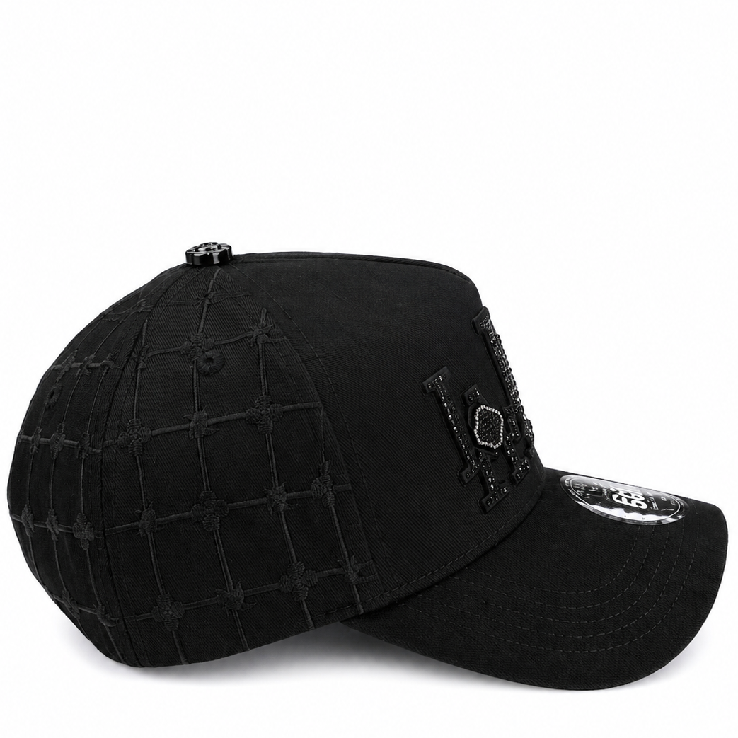 DB Hats black rhinestone LA hat with embroidered pattern - side view