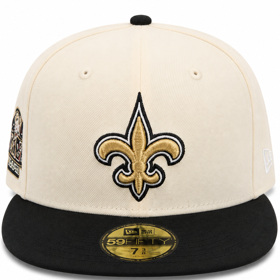 New Orleans Saints cream and black New Era 59FIFTY fitted hat - back view