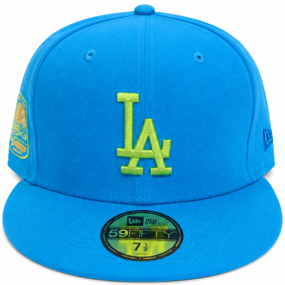 Los Angeles Dodgers bright blue and lime green New Era 59FIFTY fitted hat – view 1
